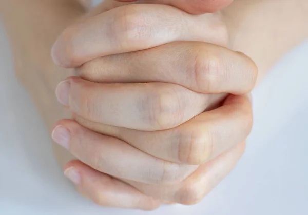 Female Hands Praying Folded Prayer Position White Close Strong Faith — стоковое фото