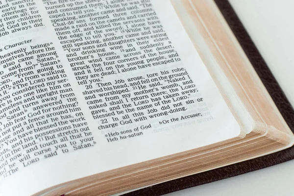 Öppen Bibelbok Job Vers Närbild Kristet Bibliskt Begrepp Lovprisning Dyrkan — Stockfoto