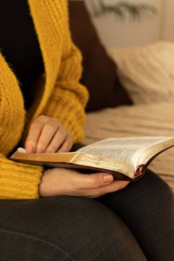 Kıdemli bayan elinde süveter tutuyor ve elinde altın sayfalarla İncil 'den bir kitap okuyor. Evdeki kanepede huzur içinde oturuyor. Dikey çekim. - Yakın çekim. Hıristiyan eğitimi ve duası.