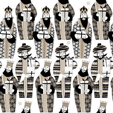 Üç İncil Kralı: Caspar, Melchior ve Balthazar. Hediye kutularıyla üç bilge adam. Kusursuz arkaplan deseni. 