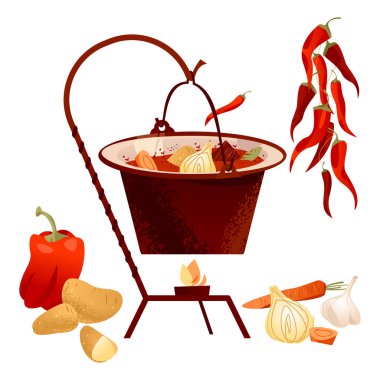 Geleneksel Macar yemeği. Kazanda et, kırmızı biber, patates, soğan, sarımsak ve havuç ile gulaş çorbası servis ediliyor..