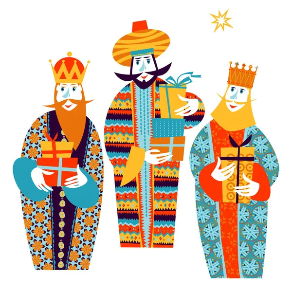 聖書の三人の王 カスパル メルキオール バルタザール ギフトボックスを持つ3人の賢者 — ストックベクタ