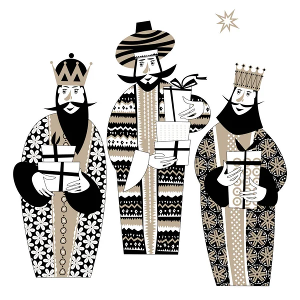 Tres Reyes Bíblicos Caspar Melchor Baltasar Tres Sabios Con Cajas — Vector de stock