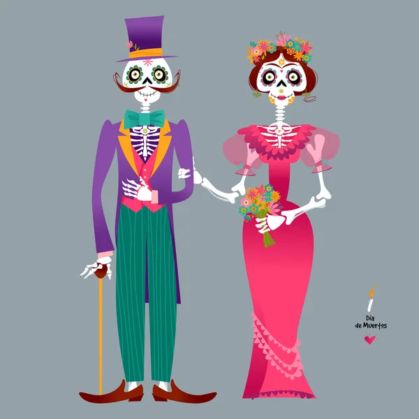 Ερωτικό Ζευγάρι Σκελετών Ντία Ντε Μουέρτος Μεξικανική Παράδοση — Διανυσματικό Αρχείο