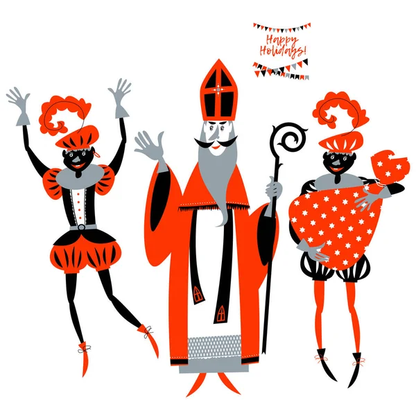 Noël Hollande Sinterklaas Ses Assistants Livrent Des Cadeaux Illustration Vectorielle — Image vectorielle