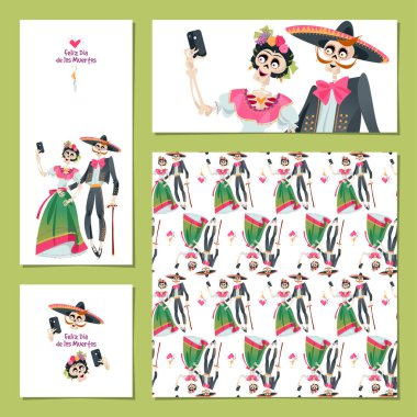 4 evrensel tebrik kartı seti ve İskelet çift selfie çekiyor. Dia de Muertos (Ölüler Günü). Şablon. 