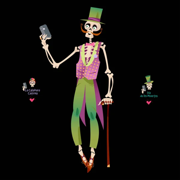 Esqueleto Vestido Com Uma Roupa Férias Leva Uma Selfie Dia —  Vetores de Stock