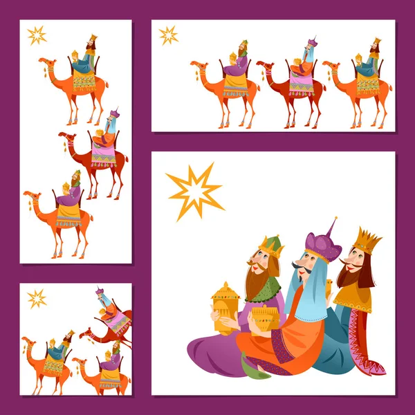 Conjunto Tarjetas Felicitación Navideñas Universales Con Tres Reyes Bíblicos Caspar — Vector de stock