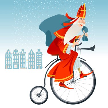 Noel Baba (Sinterklaas) bir çanta dolusu hediyeyle klasik bir bisikletin üzerinde. Hollanda 'da Noel. 
