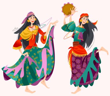 Roman dansı. İki Romalı çingene kız dans ediyor. Geleneksel dans. 