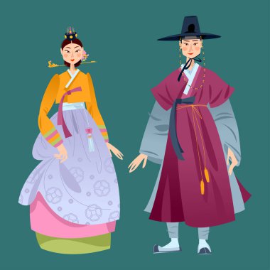 Geleneksel elbiseler giyen genç Koreli çift. Hanbok.. 