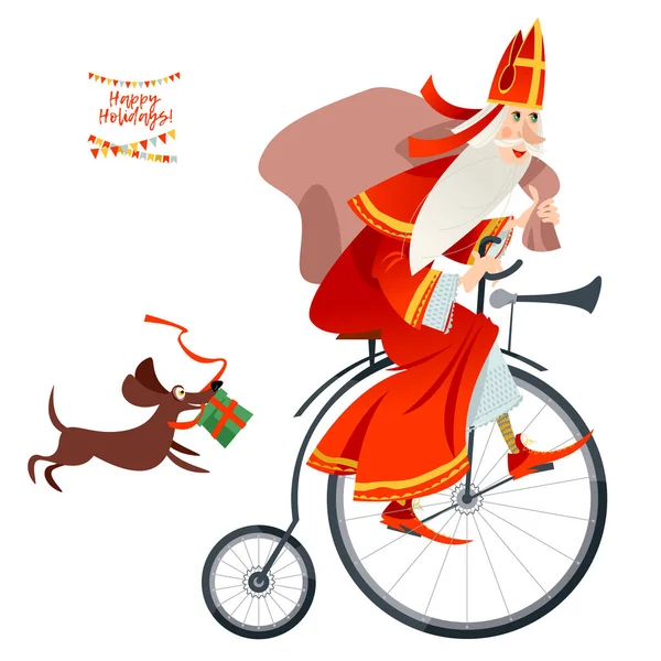 ギフト袋付きのヴィンテージ自転車でサンタクロース Sinterklaas オランダのクリスマス — ストックベクタ