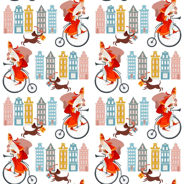 圣诞老人 Sinterklaas 骑着一辆装有一袋礼物的老式自行车 荷兰的圣诞节无缝隙背景图 — 图库矢量图片