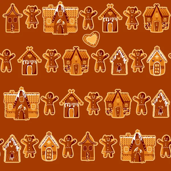 Diverse Peperkoeken Huizen Feestelijke Peperkoeken Kersttraditie Naadloze Achtergrond Patroon — Stockvector