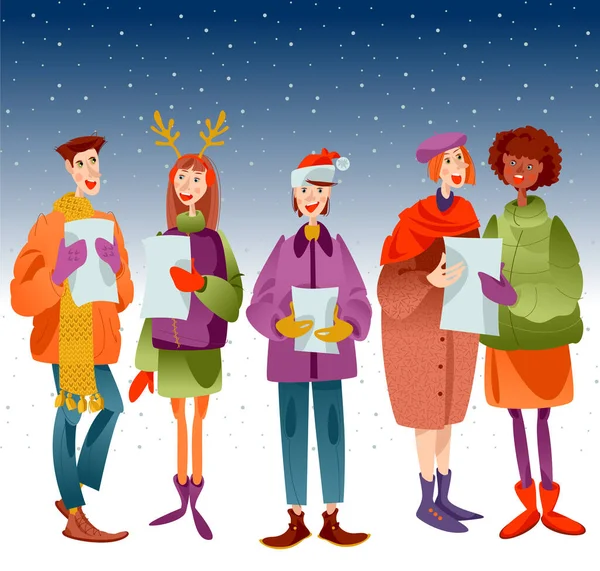 Groupe Noël Groupe Personnes Chantant Tradition Noël — Image vectorielle