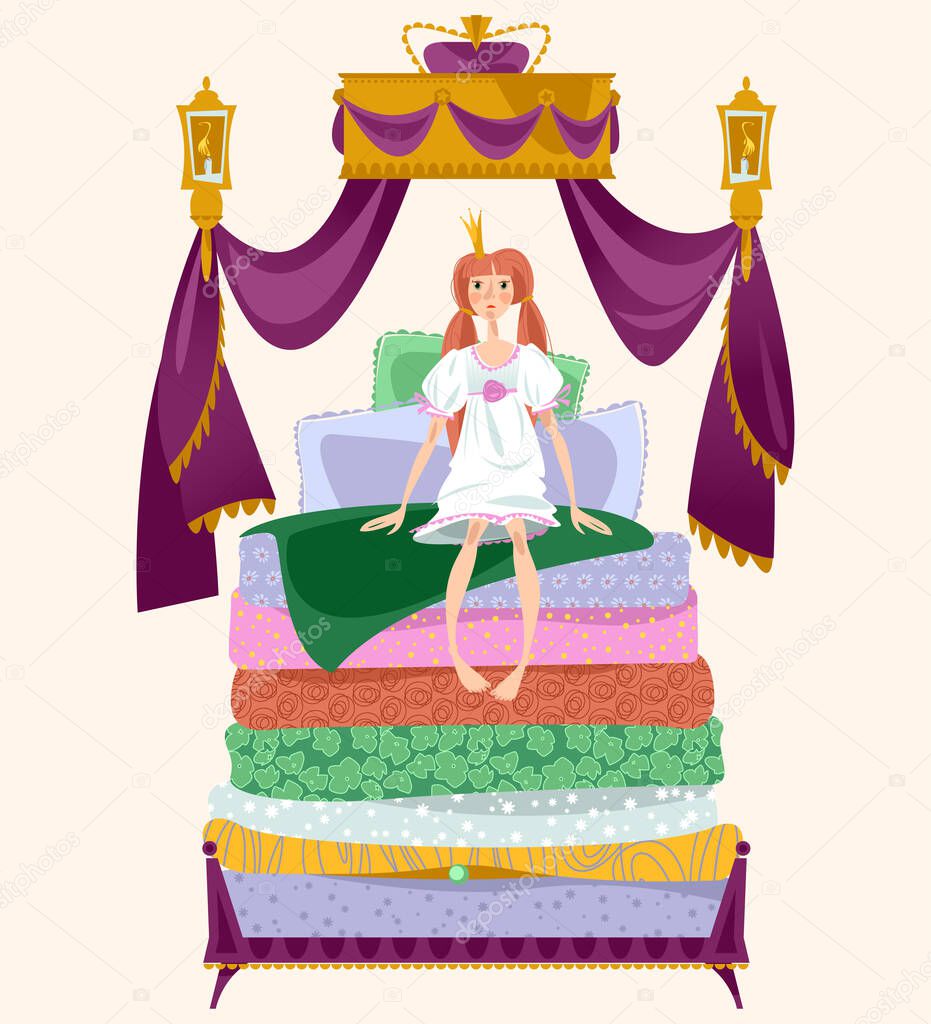 The Princess and the pea. A girl is sitting on a pile of mattresses under Royal canopy. 