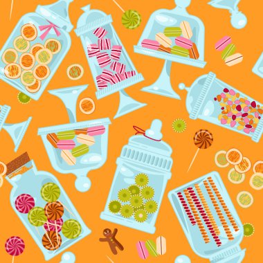 Şeker dükkanı. Farklı şekerlemeli cam kavanozlar. Kusursuz bir arka plan modeli. Vektör illüstrasyonu