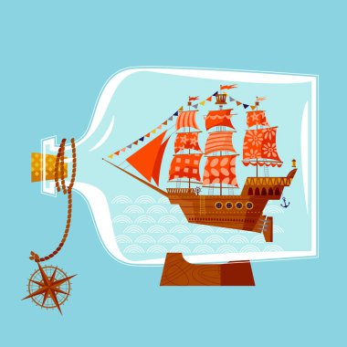Ship in a bottle. Vector illustration clipart