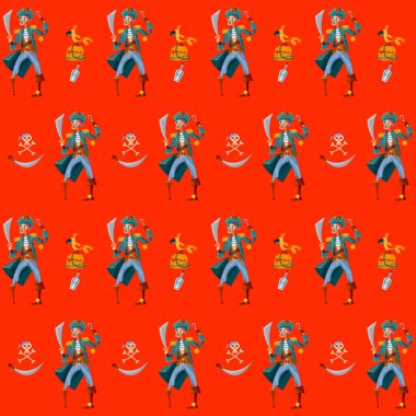 İskelet Korsan, ahşap sandık altın, papağan ve Jolly Roger. Kusursuz bir arka plan modeli. Vektör illüstrasyonu