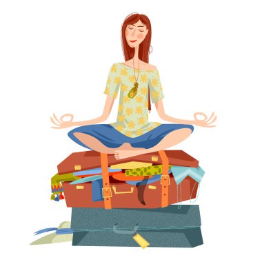Genç bir kadın yoga nilüferinde bavulun üzerine oturur ve meditasyon yapar. Yolculuğa hazırlanıyorum. Seyahat konsepti. Vektör illüstrasyonu