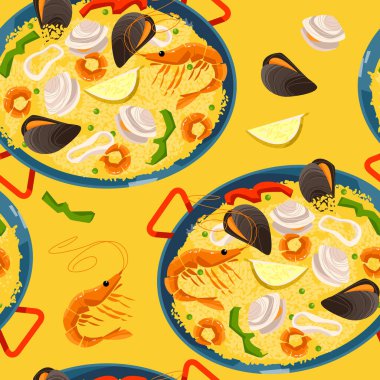 Deniz mahsullü Paella. Geleneksel İspanyol yemekleri. Kusursuz bir arka plan modeli. Vektör illüstrasyonu