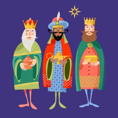 Üç İncil Kralı: Caspar, Melchior ve Balthazar. Üç bilge adam. Vektör illüstrasyonu.