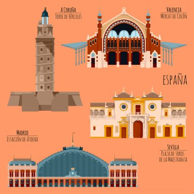 İspanya manzarası. Madrid, Atocha tren istasyonu, A Coruna, Herkül Kulesi, Seville, Bullring Maestranza, Valencia, Columbus Pazarı. 