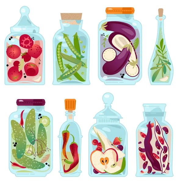 Verschiedene Gläser Mit Eingelegtem Gemüse Und Obst Vektorillustration — Stockvektor