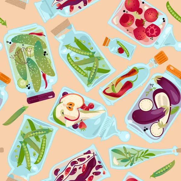Verschiedene Gläser Mit Eingelegtem Gemüse Und Obst Nahtloses Hintergrundmuster Vektorillustration — Stockvektor