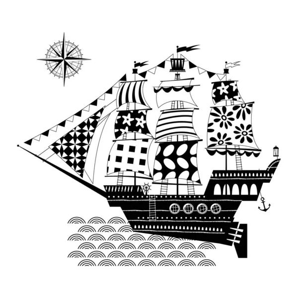 Old Sailing Ship Nautical Collection Black White Vector Illustration — Stock Vector