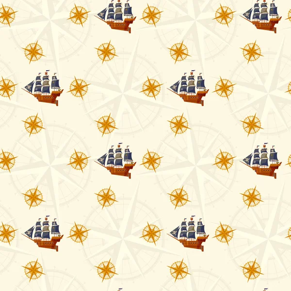 Barco Pirata Windrose Colección Náutica Patrón Fondo Sin Costuras Ilustración — Vector de stock