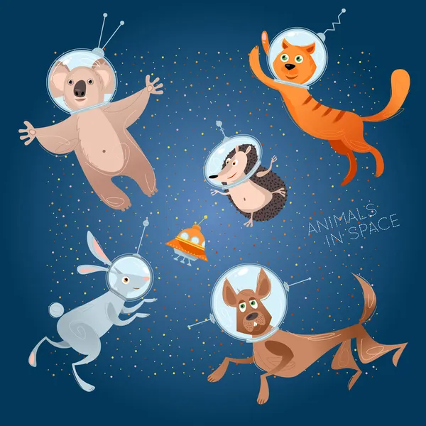 Animales Espacio Astronautas Cosmonautas Perro Gato Liebre Erizo Koala Ilustración — Vector de stock