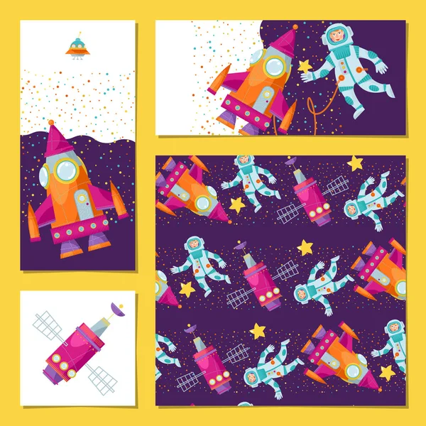 Conjunto Cartas Universales Con Astronauta Cohete Cumpleaños Aniversario Fiesta Niños — Vector de stock