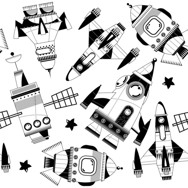 Cohetes Espaciales Juguete Blanco Negro Patrón Fondo Sin Costuras Ilustración — Vector de stock