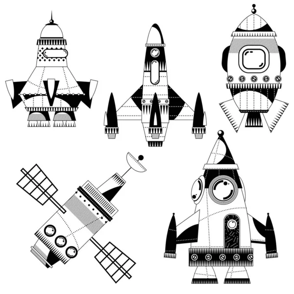 Conjunto Cohetes Espaciales Juguete Blanco Negro Naves Espaciales Ilustración Vectorial — Vector de stock