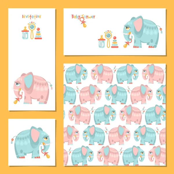 Set Van Universele Uitnodigingskaarten Met Een Olifant Sjabloon Babyshower Verjaardag — Stockvector