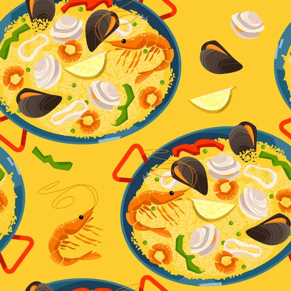Paella Dengan Makanan Laut Makanan Tradisional Spanyol Pola Latar Belakang - Stok Vektor