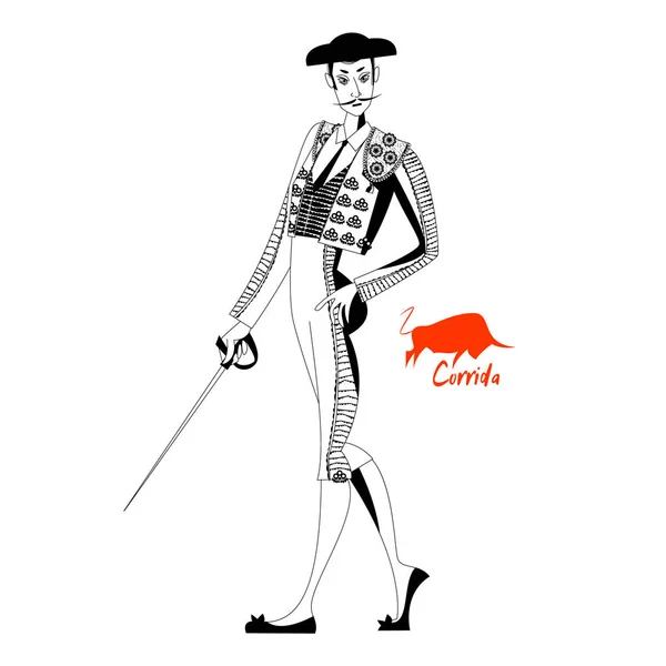 Matador Con Espada Corrida Toros Peleas Toros Blanco Negro Ilustración — Vector de stock