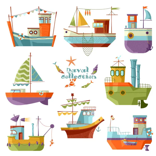 Морская Коллекция Набор Разноцветных Кораблей Векторная Иллюстрация — стоковый вектор
