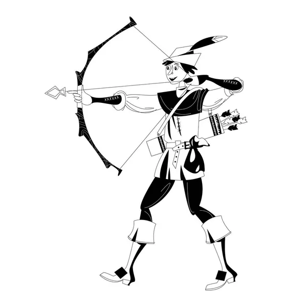 Jeune Homme Costume Médiéval Tirant Arc Une Flèche Robin Des — Image vectorielle