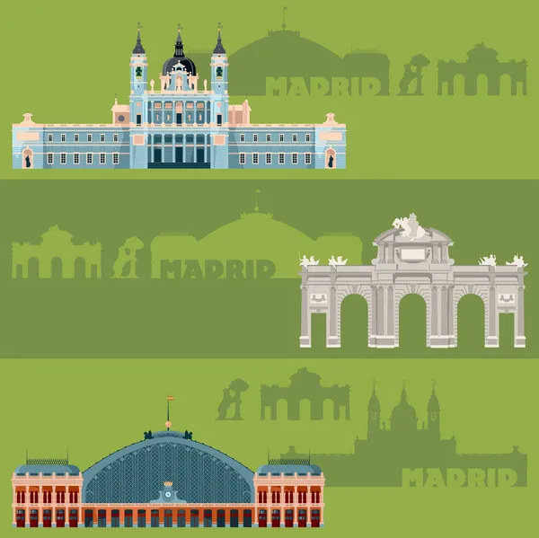 Горизонтальні Прапори Пам Ятками Мадриду Собор Алмудена Залізничний Вокзал Аточа — стоковий вектор