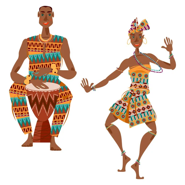 Αφρικανικός Τελετουργικός Χορός Άντρας Παίζει Ένα Παραδοσιακό Τύμπανο Γυναίκα Χορεύει — Διανυσματικό Αρχείο