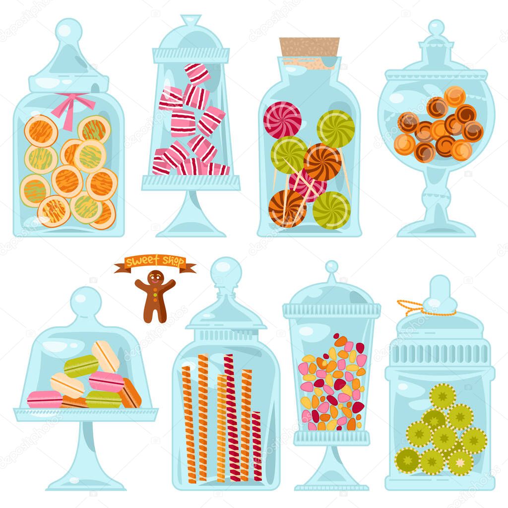 Sweet shop. Glass jars of various forms with different candies. Vector illustration