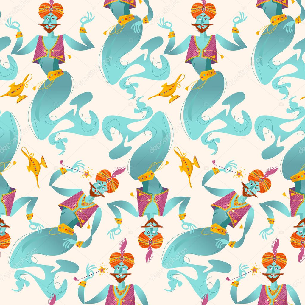Happy genies with magic wands and magic lamps. Seamless background pattern. Vector illustration 