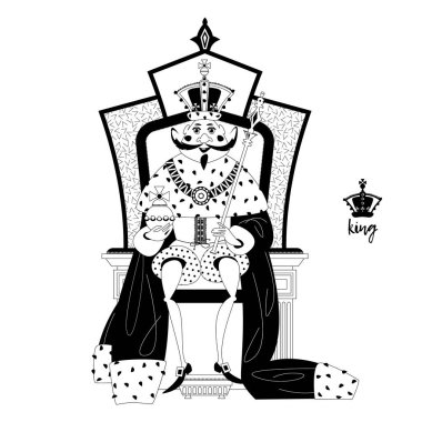 Kralın tacı ve kraliyet mantosu var, tahtta oturuyor. Siyah ve beyaz. Vektör illüstrasyonu.