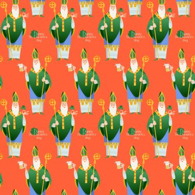 Aziz Patrick Günü. İrlanda havarisi Aziz Patrick, elinde bira sürahisi ve yonca tutan İrlanda 'nın koruyucu azizi. Kusursuz arkaplan deseni 