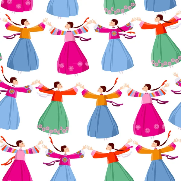 Les Femmes Robe Traditionnelle Coréenne Tournent Rond Tenant Main Danse — Image vectorielle