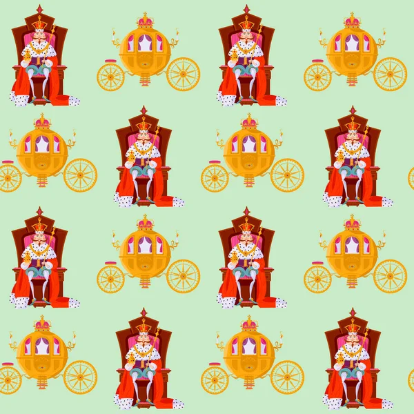 王の王冠と王室のマントルを着て 玉座に座って ファンタジー馬車 シームレスな背景パターン ベクターイラスト — ストックベクタ
