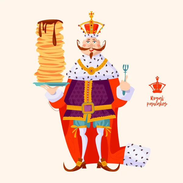 Rey Vistiendo Una Corona Manto Real Tiene Una Pila Panqueques — Vector de stock