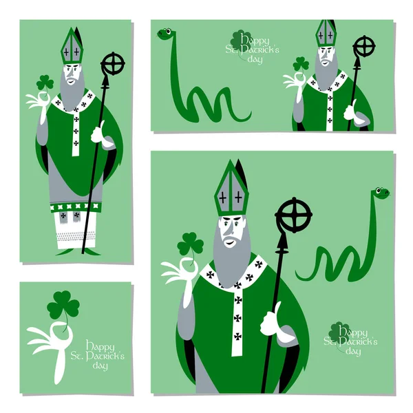 聖パトリックの日だ 聖パトリック アイルランド使徒 とヘビと4枚のユニバーサルカードのセット テンプレート — ストックベクタ
